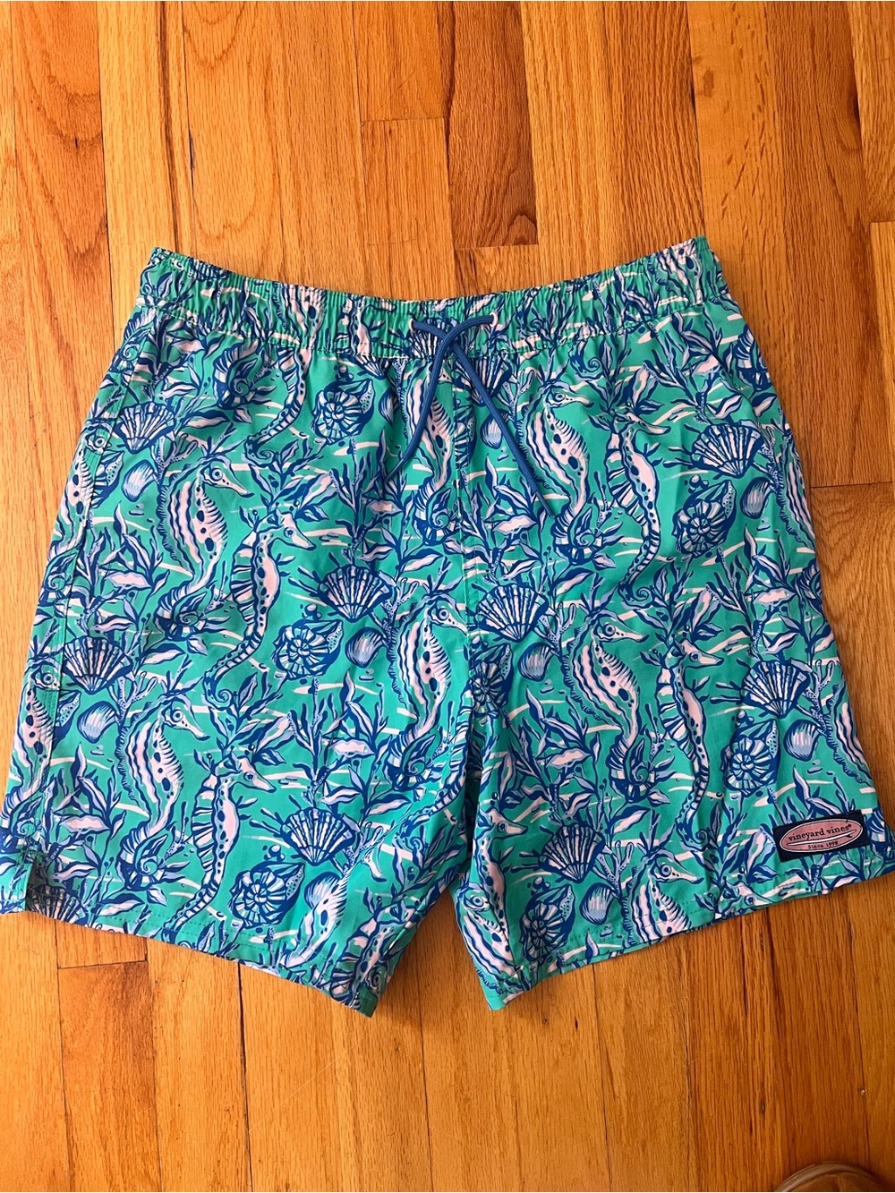 Vineyard Vines Teal Seahorse & Shell Swim Trunks Boys XL
